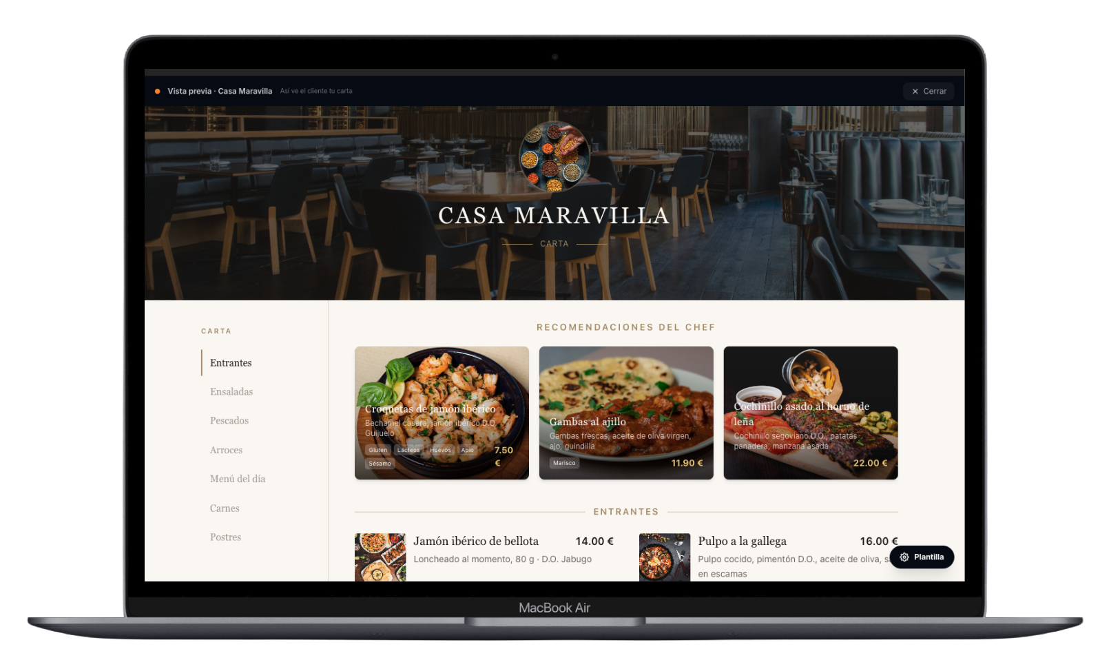 Plataforma de gestión de carta digital y reservas en vista de escritorio